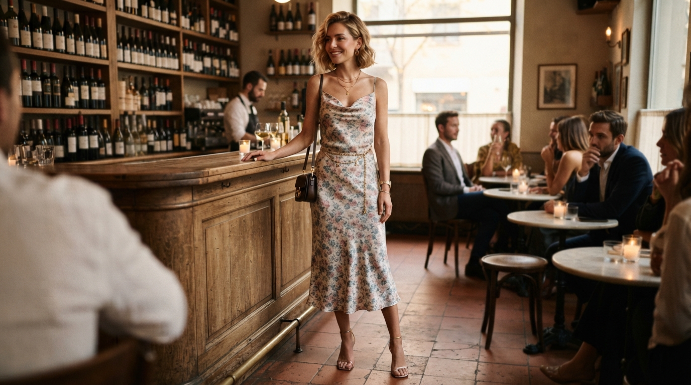Floral Print Silk Cowl Neck Dress & Thin Gold Chain Belt